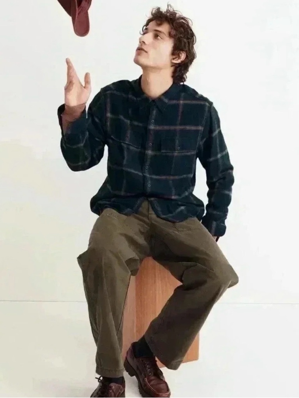 Madewell | Slub Windowpane Flannel Easy Fit Shirt in Ancient Forest - Size S - Picture 2 of 8